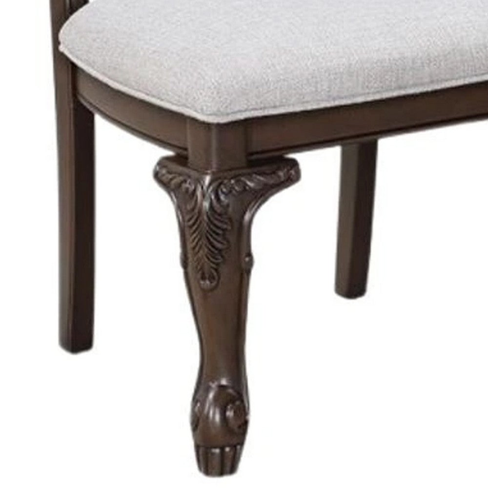 Benjara Cary Side Dining Chair Set of 2, Beige Linen, Scrolled Coffee Brown Wood
