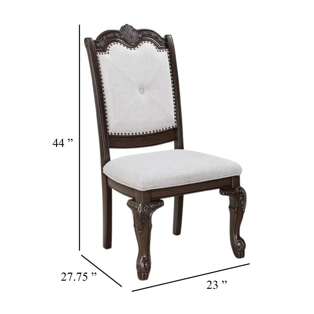 Benjara Cary Side Dining Chair Set of 2, Beige Linen, Scrolled Coffee Brown Wood