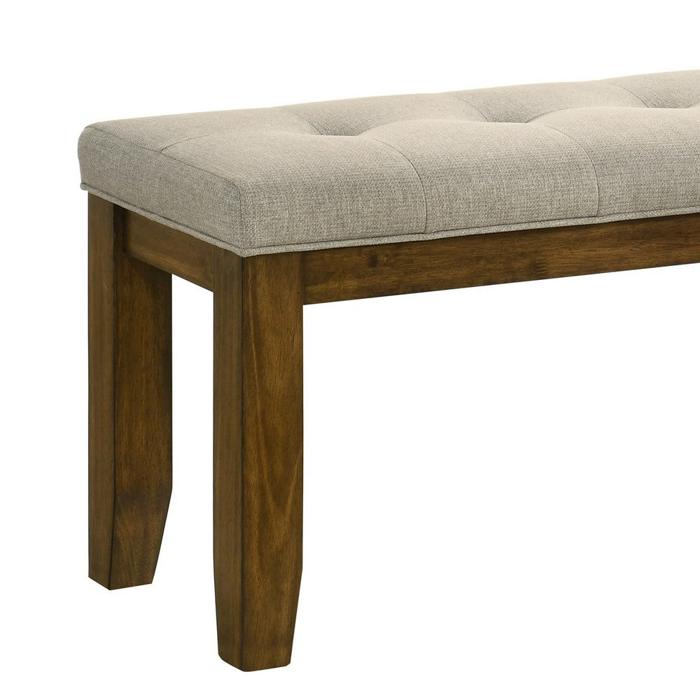 Benjara Liyo Dining Bench, Tufted Beige Upholstery Seat, Brown Wood, 48 Inch
