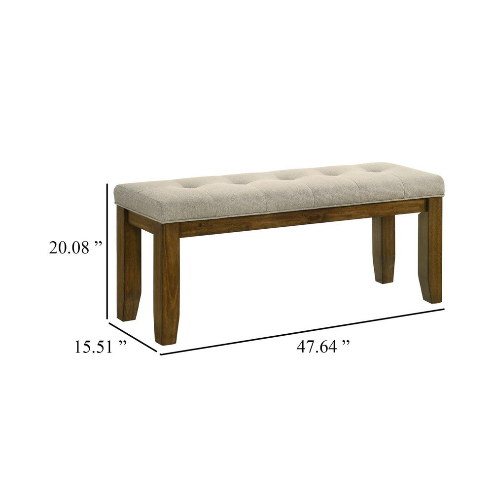 Benjara Liyo Dining Bench, Tufted Beige Upholstery Seat, Brown Wood, 48 Inch
