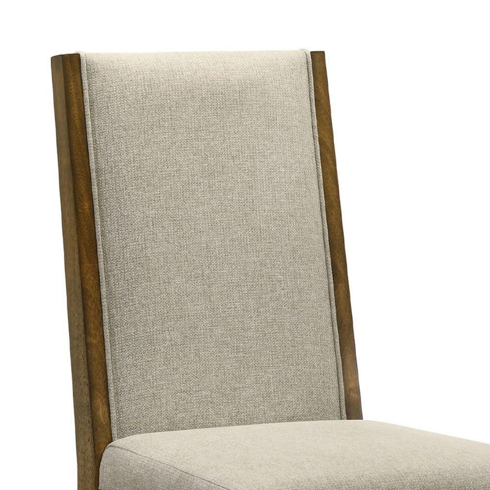 Benjara Liyo Set of 2 Side Dining Chairs, Brown Wood Frame, Beige Fabric Seating