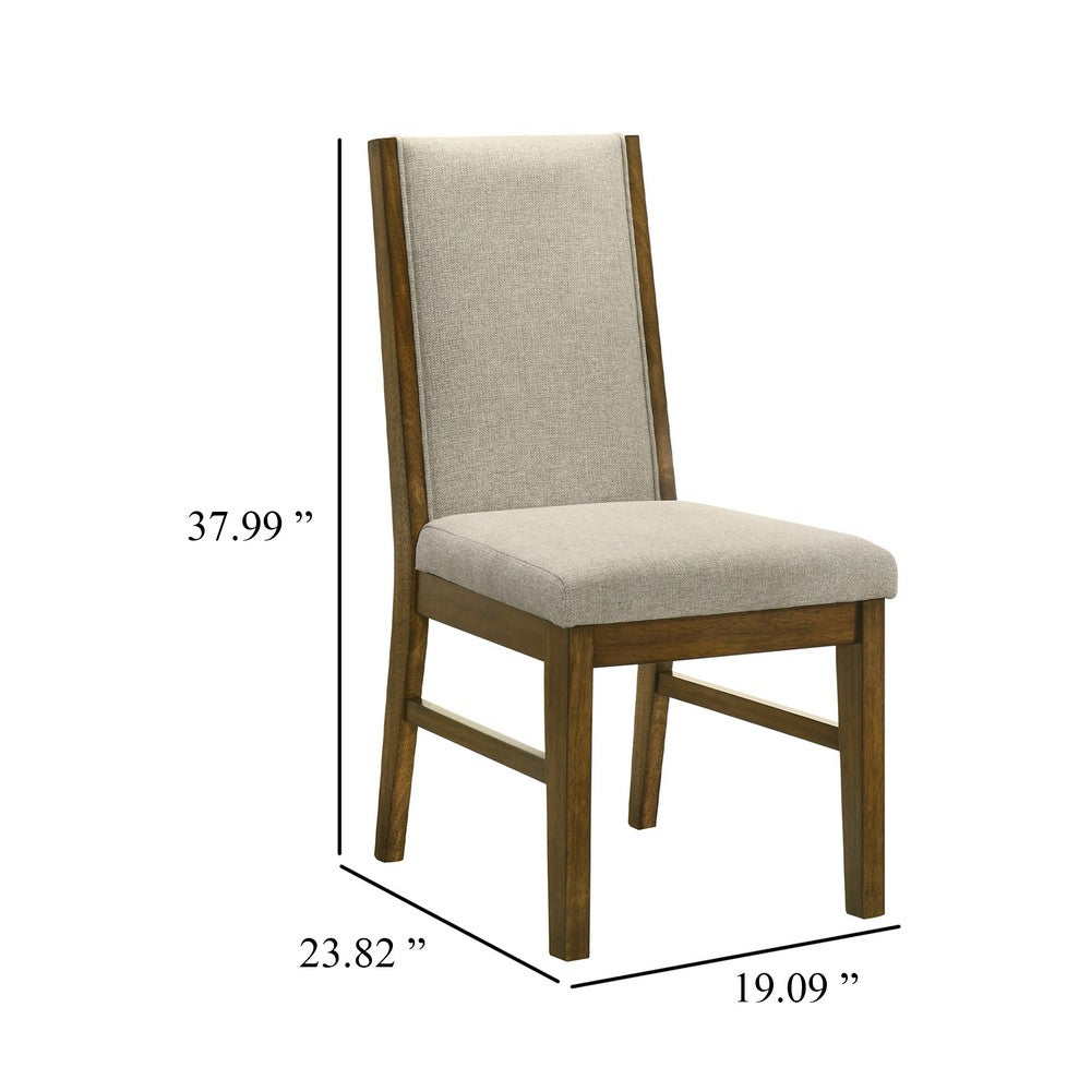Benjara Liyo Set of 2 Side Dining Chairs, Brown Wood Frame, Beige Fabric Seating