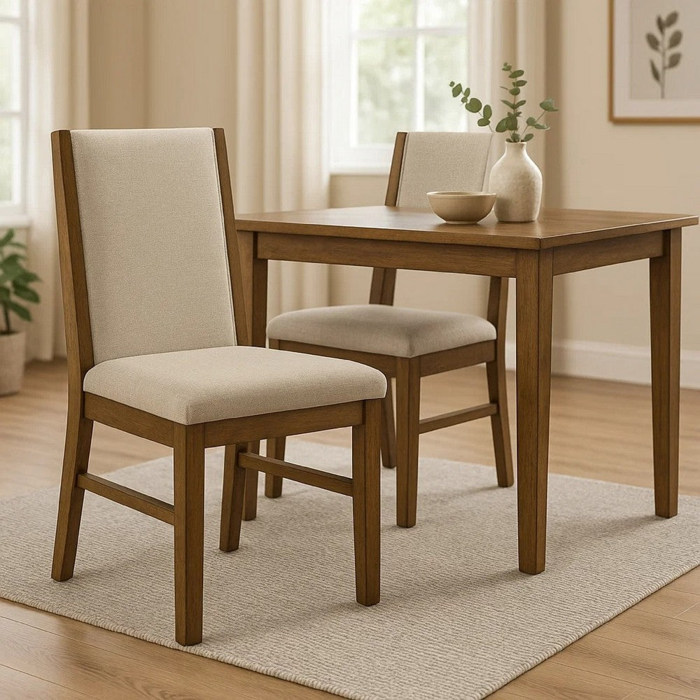 Benjara Liyo Set of 2 Side Dining Chairs, Brown Wood Frame, Beige Fabric Seating