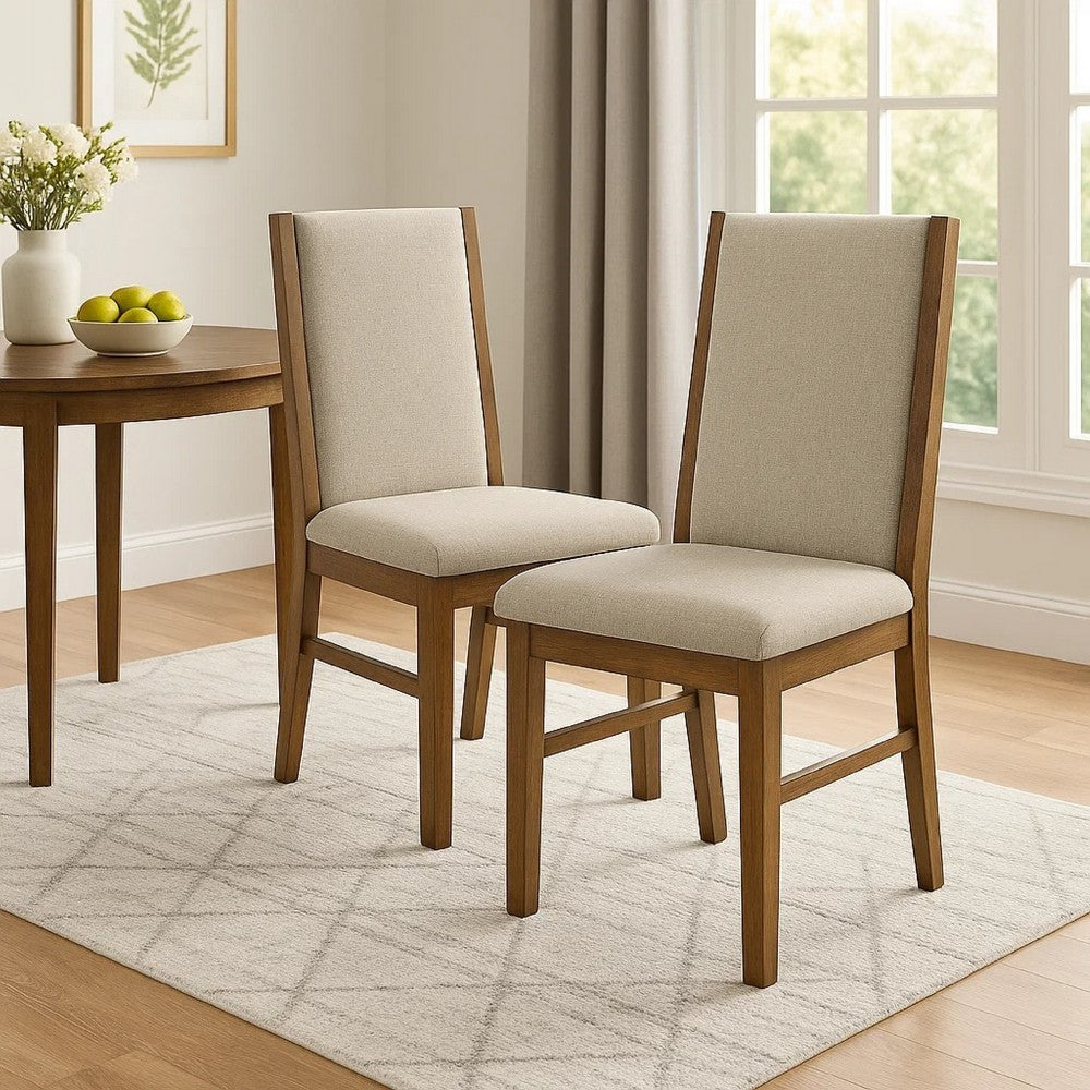 Benjara Liyo Set of 2 Side Dining Chairs, Brown Wood Frame, Beige Fabric Seating
