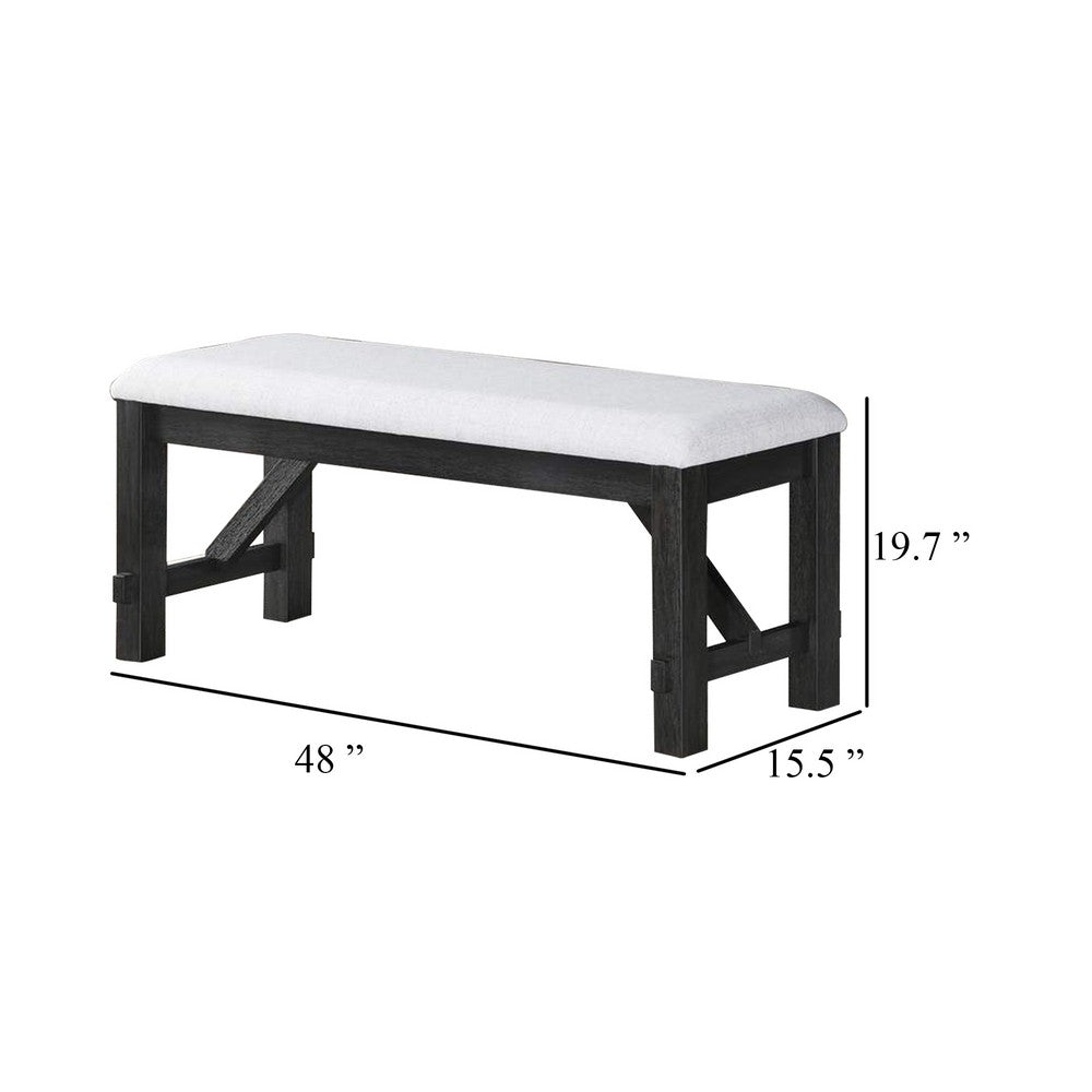 Benjara Riby 48 Inch Dining Bench, Black Wood Body, Gray Linen Padded Seat