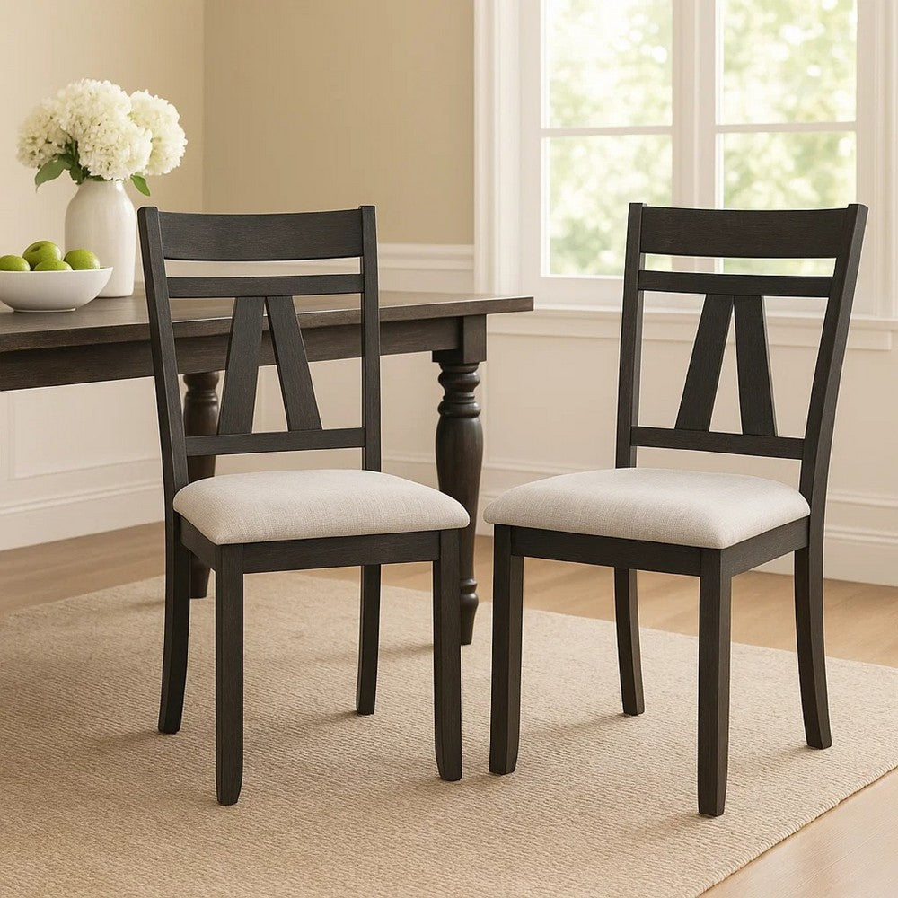 Benjara Riby Dining Chair Set of 2, Black Wood Frame, Gray Linen Seating