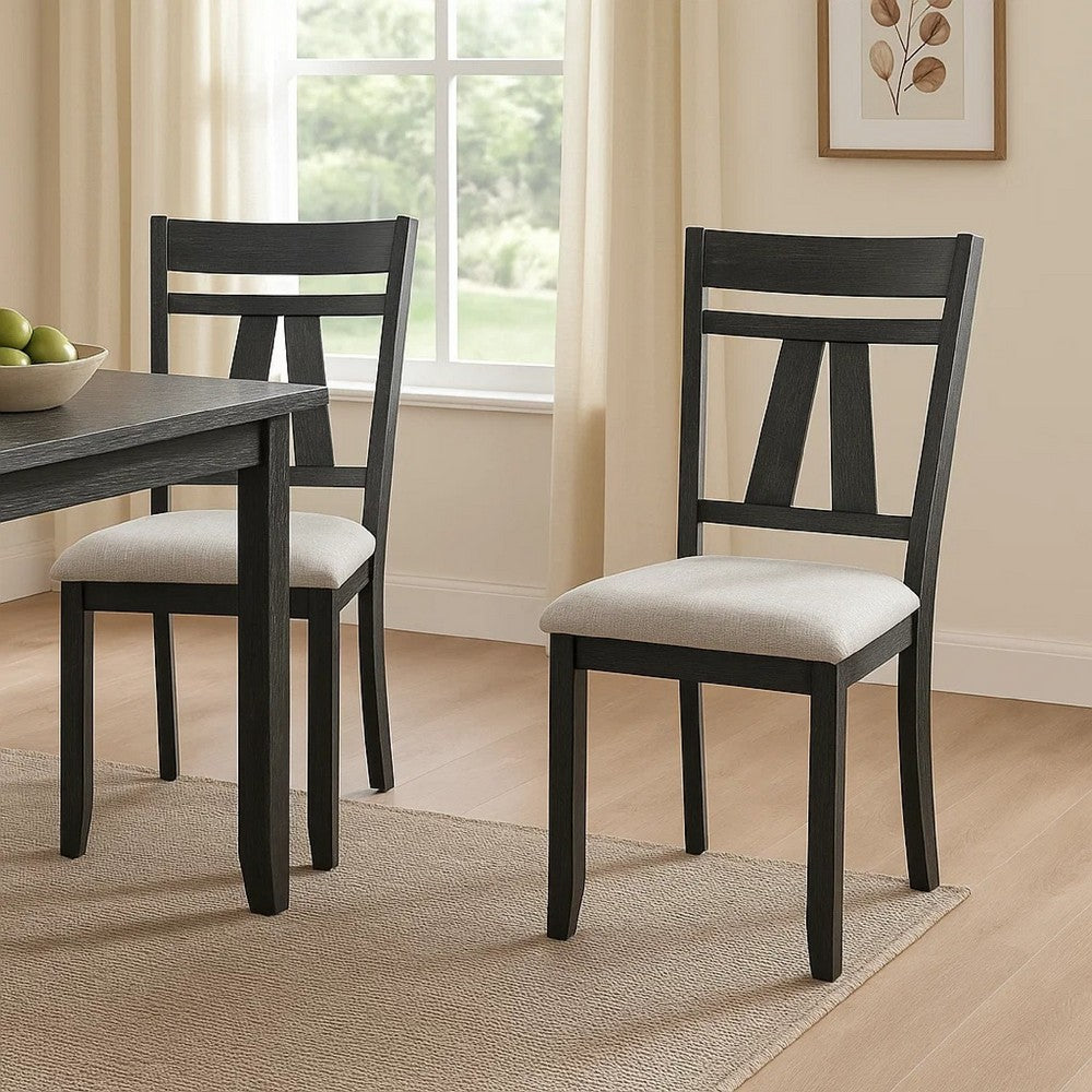 Benjara Riby Dining Chair Set of 2, Black Wood Frame, Gray Linen Seating