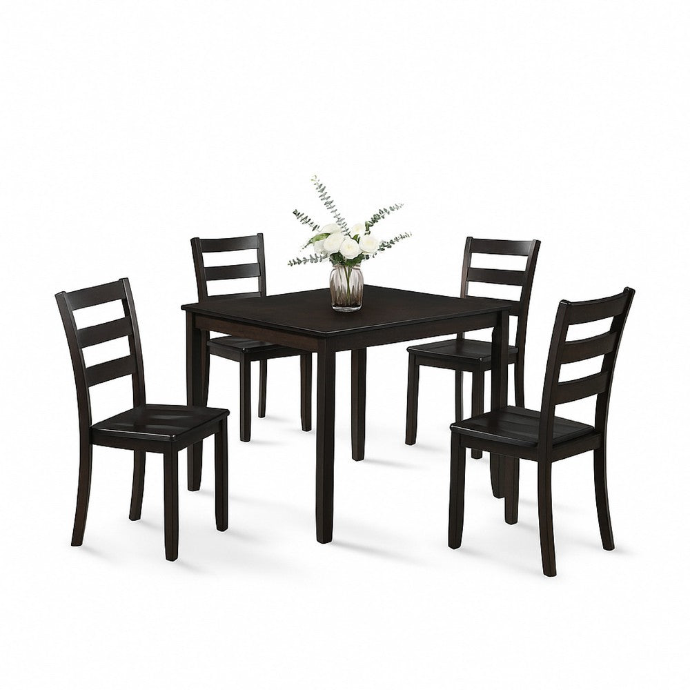Benjara Hamo 5pc Dining Table And 4 Chairs Set, Espresso Brown, Ladder Backrest