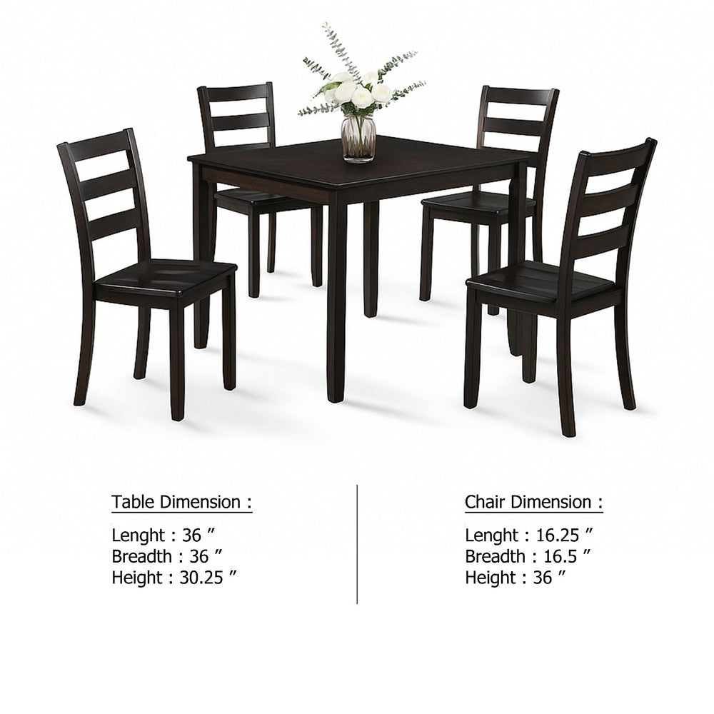 Benjara Hamo 5pc Dining Table And 4 Chairs Set, Espresso Brown, Ladder Backrest