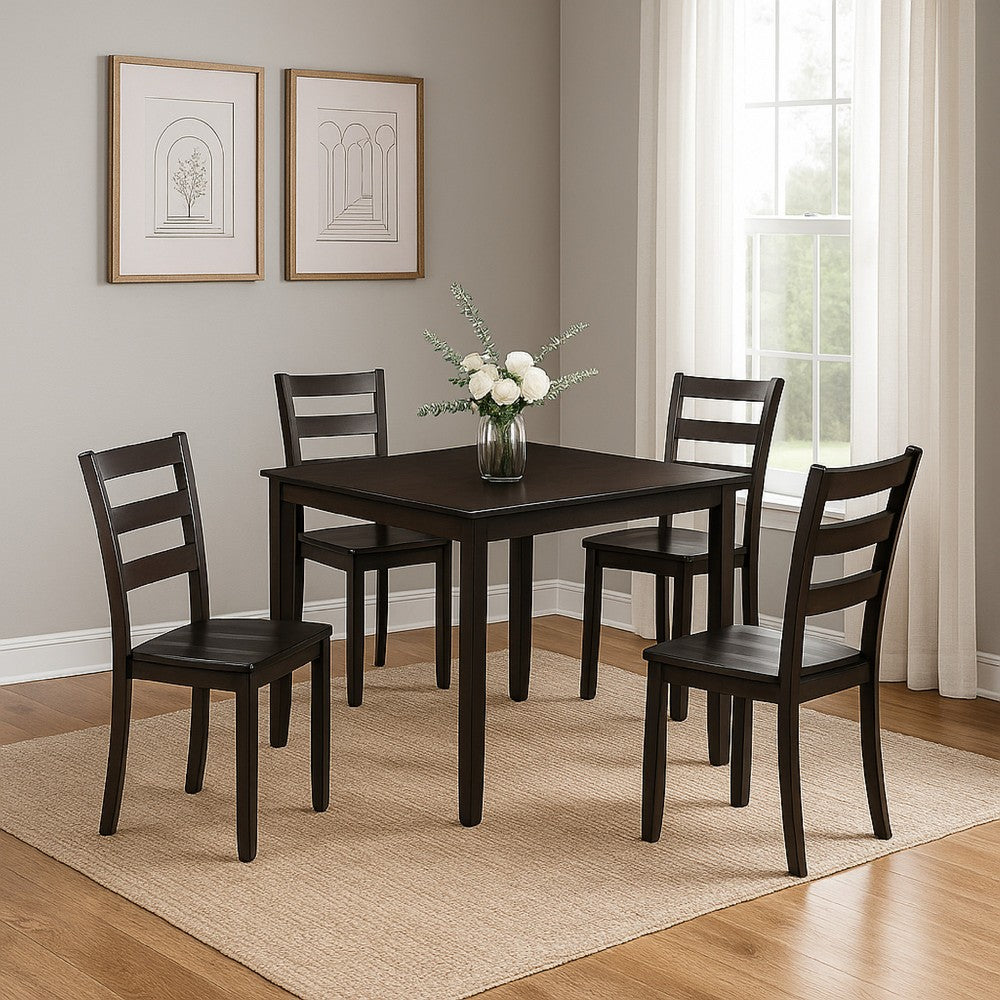 Benjara Hamo 5pc Dining Table And 4 Chairs Set, Espresso Brown, Ladder Backrest