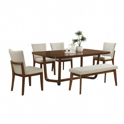 Benjara Lere Dining Bench, Beige Fabric, 45 Inch Antique Style Brown Wood