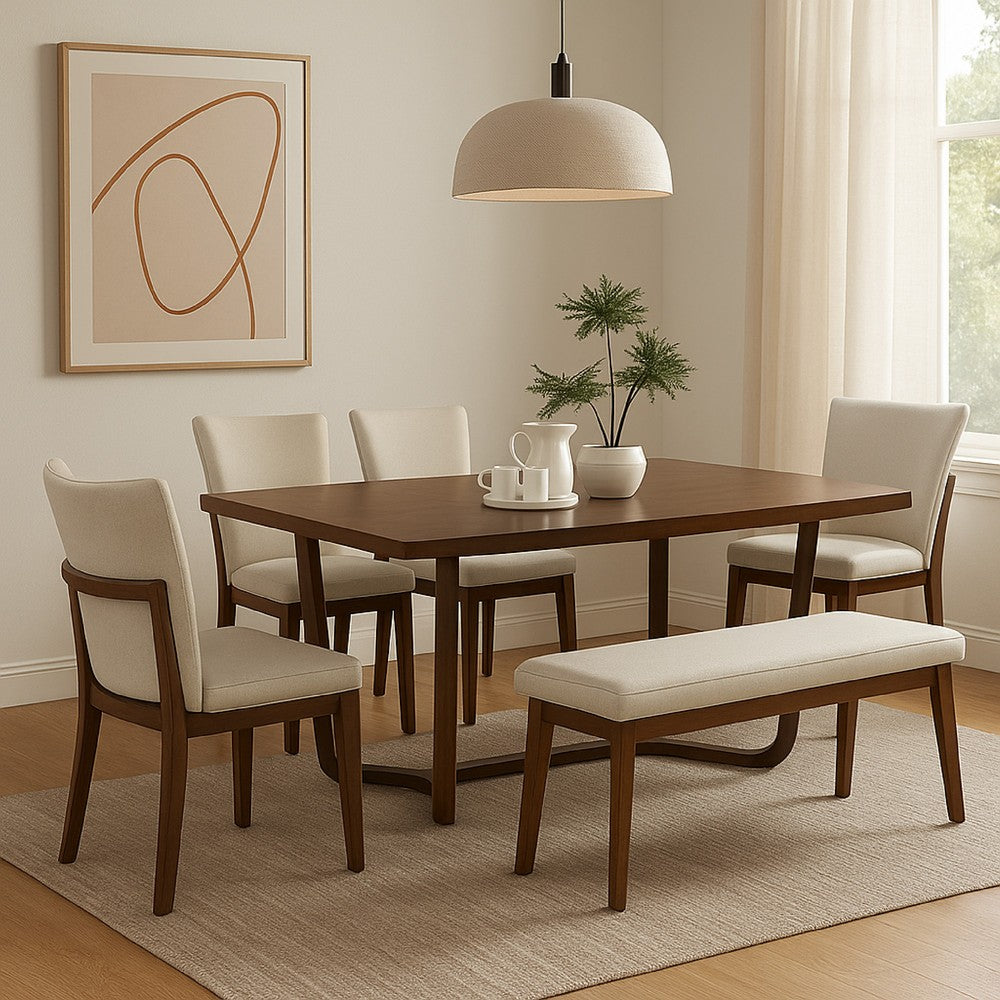 Benjara Lere Dining Chair Set of 2, Beige Fabric, Antique Style Brown Wood