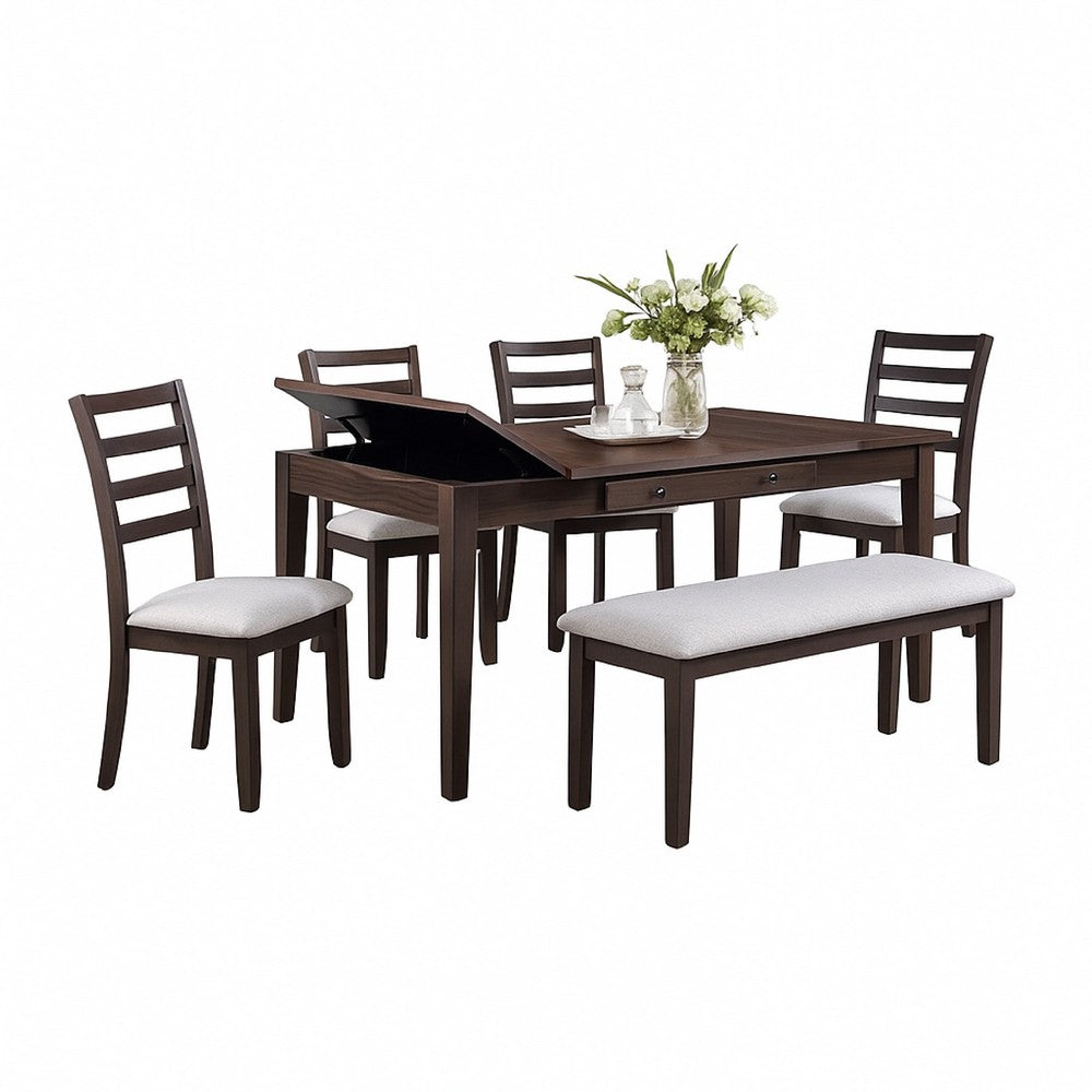 Benjara Wogy Side Dining Chair Set of 2, Brown Wood Ladder Backrest, Off White Seats