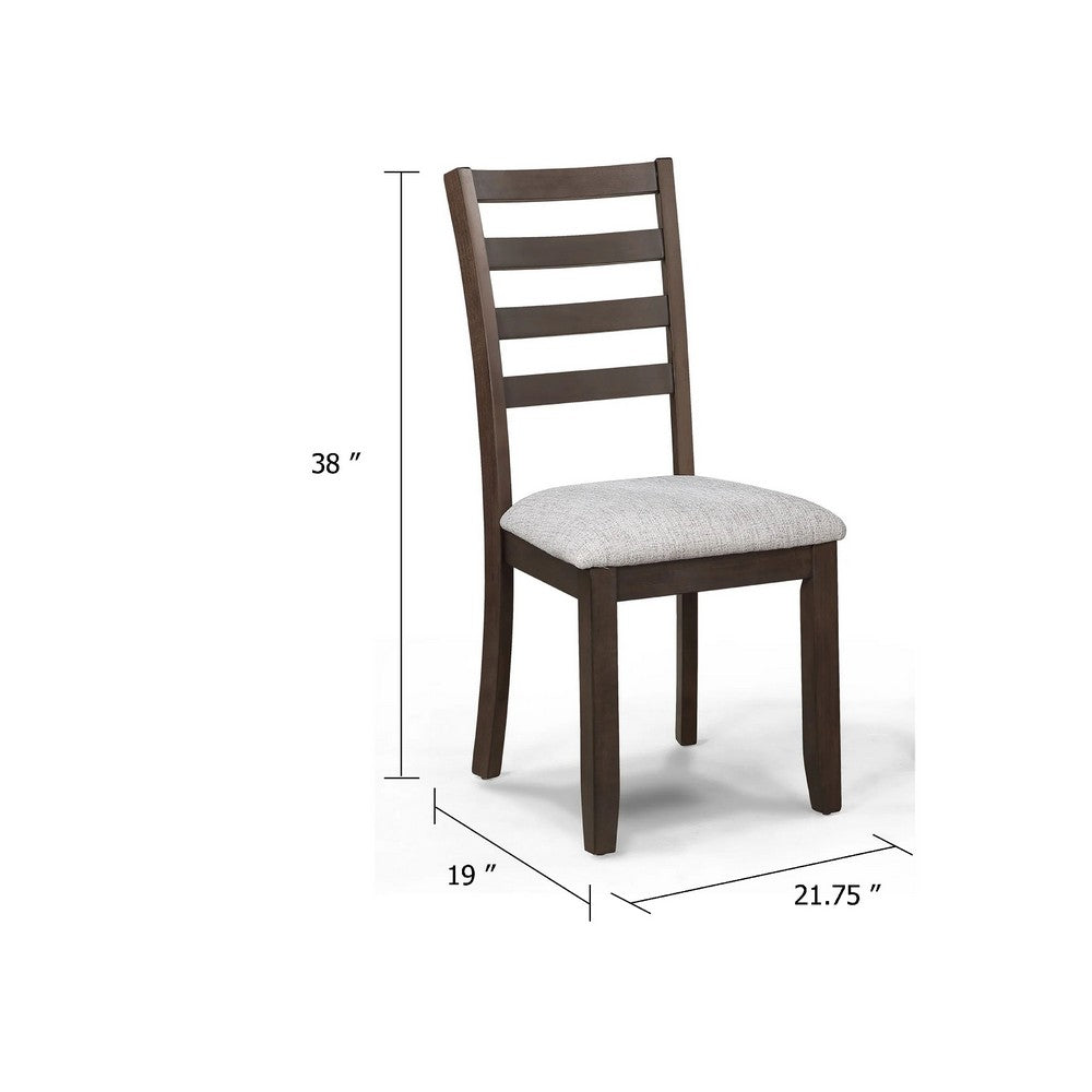 Benjara Wogy Side Dining Chair Set of 2, Brown Wood Ladder Backrest, Off White Seats