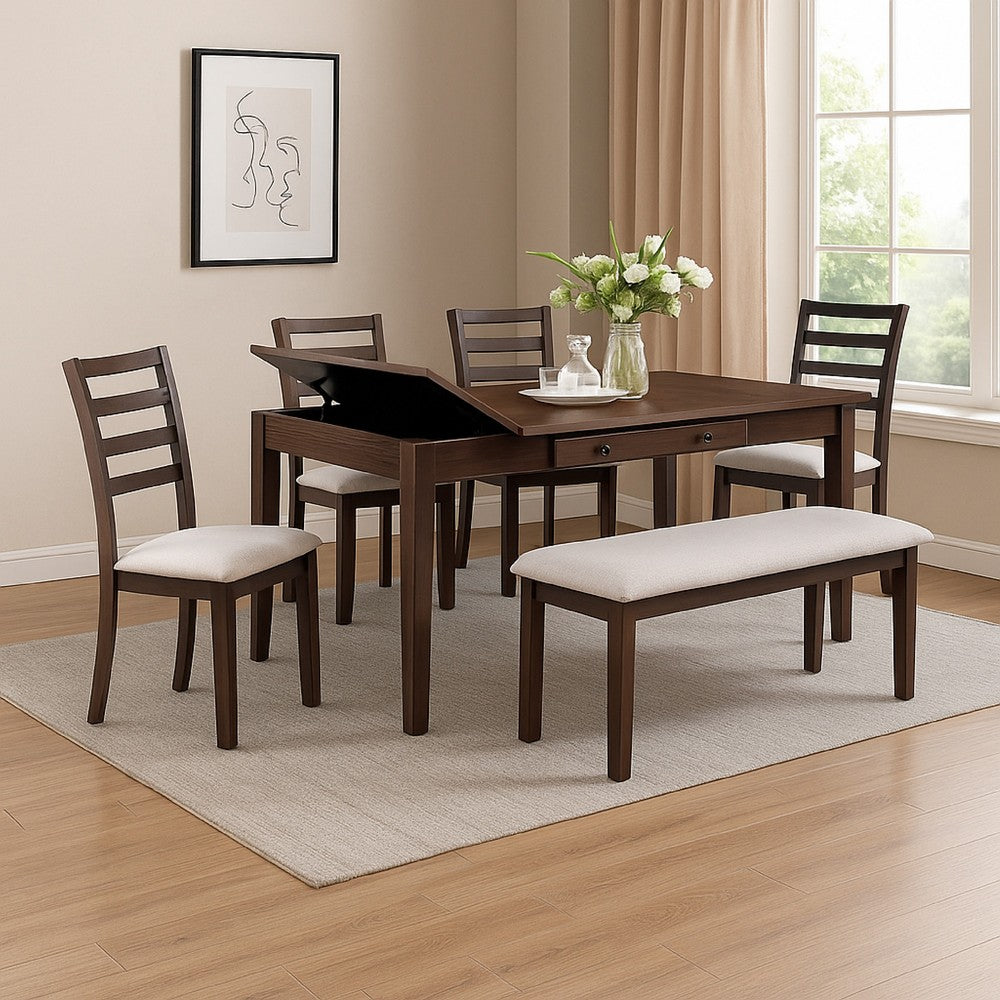 Benjara Wogy Side Dining Chair Set of 2, Brown Wood Ladder Backrest, Off White Seats