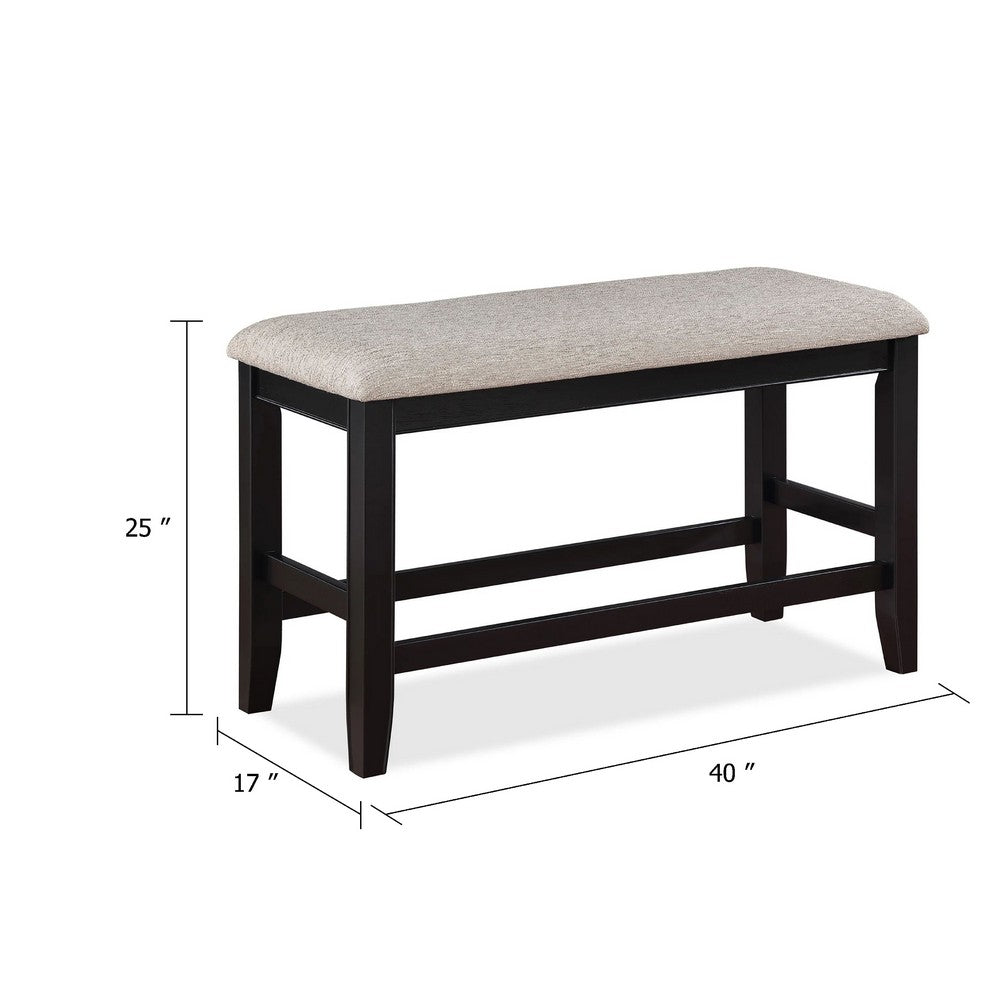 Benjara Filu Counter Height Dining Bench, Black Wood, Light Gray Linen, 40 Inch