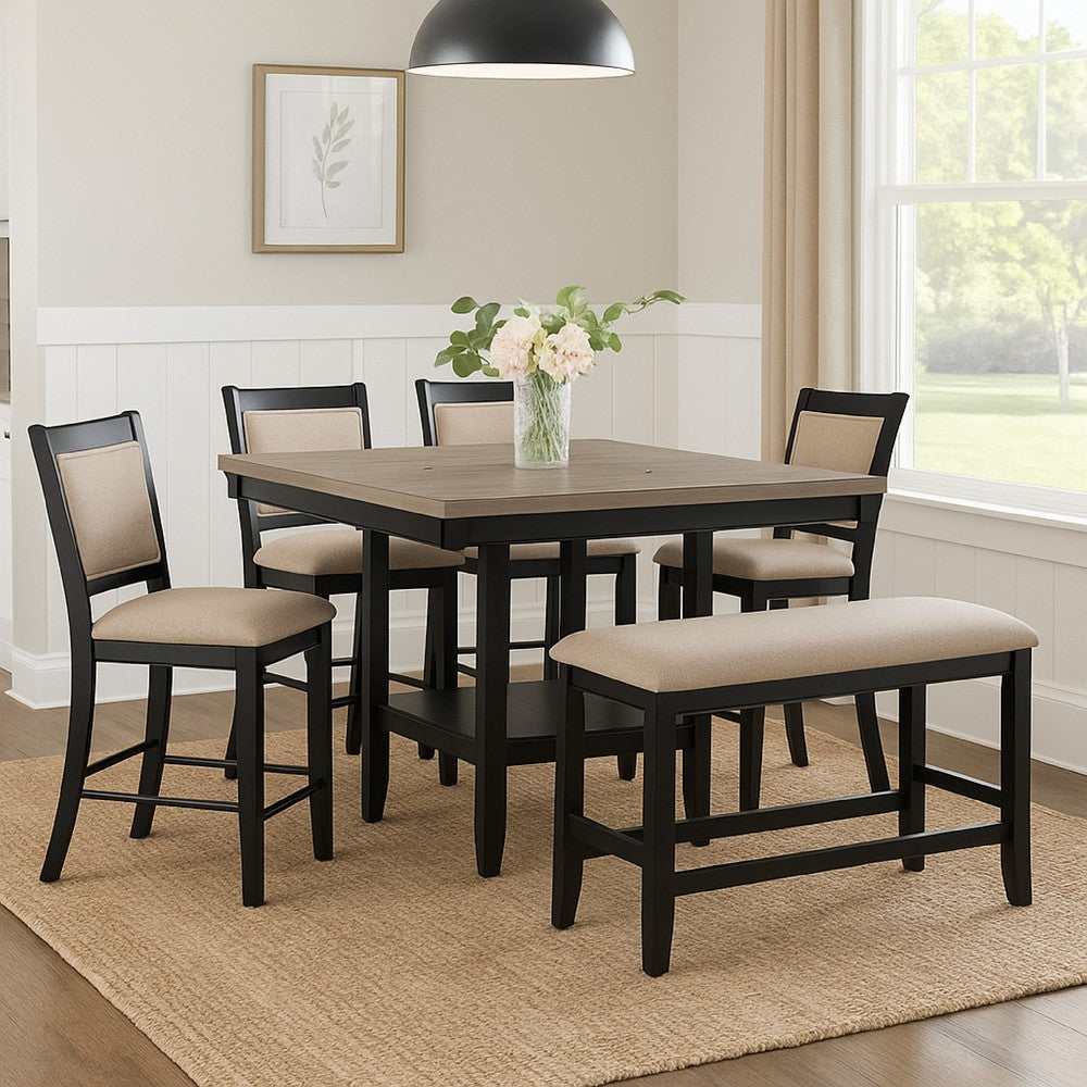 Benjara Filu Counter Height Dining Bench, Black Wood, Light Gray Linen, 40 Inch