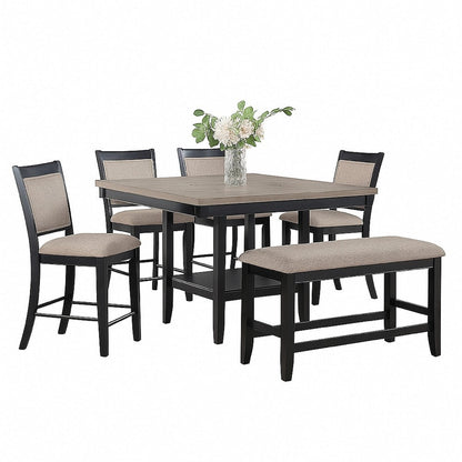 Benjara Filu Counter Height Chair Set of 2, Black Wood Frame, Gray Linen Seat