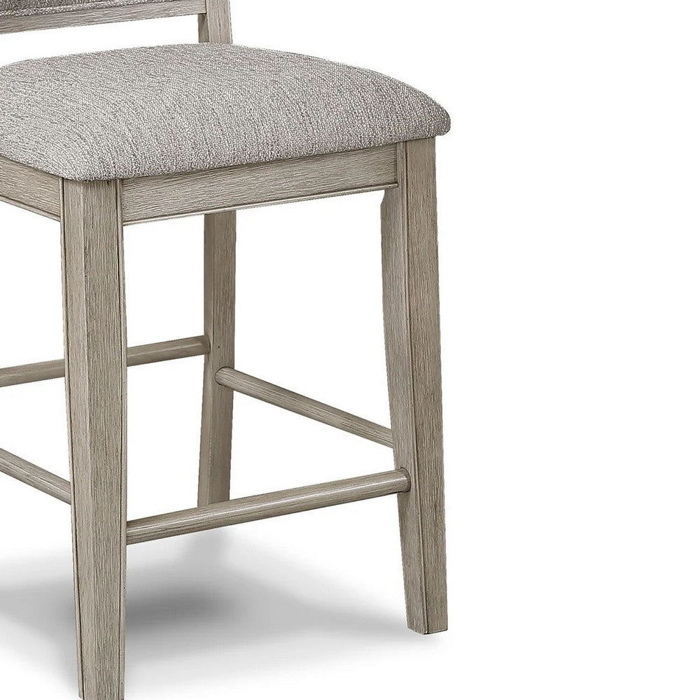 Benjara Filu Counter Height Chair Set of 2, White Oak Wood, Light Gray Fabric