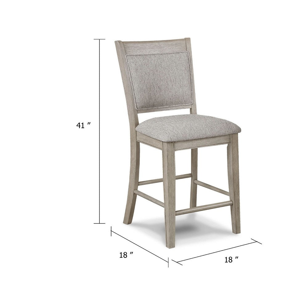 Benjara Filu Counter Height Chair Set of 2, White Oak Wood, Light Gray Fabric
