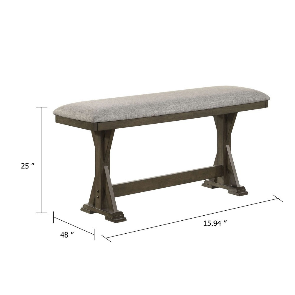 Benjara Omal Counter Height Dining Bench, Brown-Khaki Wood, Gray Fabric, 48 Inch