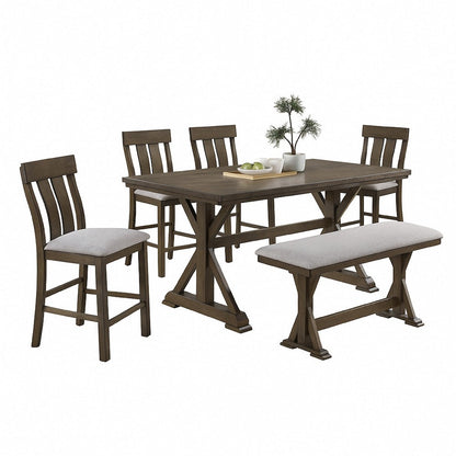 Benjara Omal Counter Height Dining Chair Set of 2, Brown Slatted Back, Gray Fabric