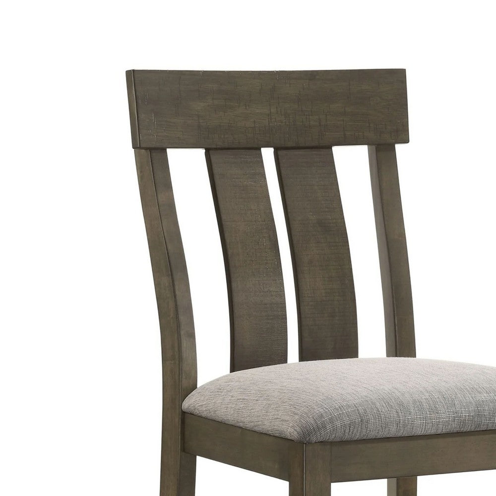 Benjara Omal Counter Height Dining Chair Set of 2, Brown Slatted Back, Gray Fabric