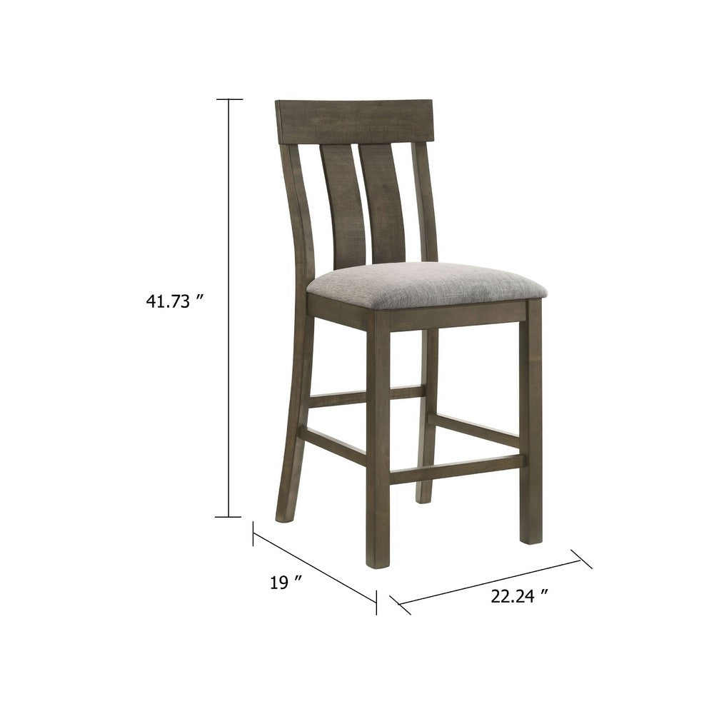 Benjara Omal Counter Height Dining Chair Set of 2, Brown Slatted Back, Gray Fabric
