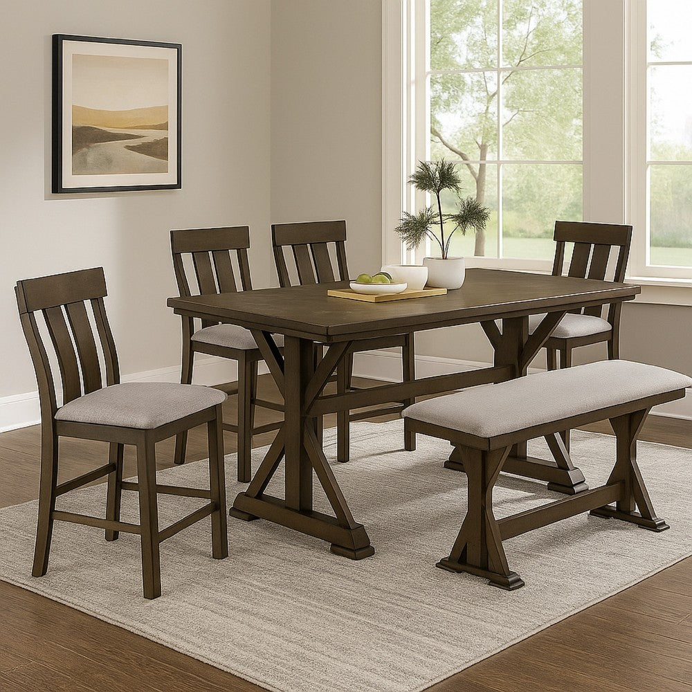 Benjara Omal Counter Height Dining Chair Set of 2, Brown Slatted Back, Gray Fabric