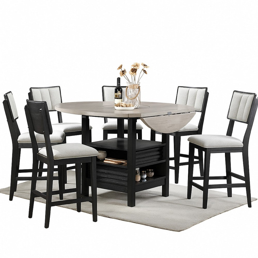 Benjara Kliu Counter Height Chair Set of 2, Light Gray Fabric, Black Wood Frame
