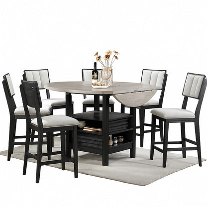 Benjara Kliu Counter Height Chair Set of 2, Light Gray Fabric, Black Wood Frame