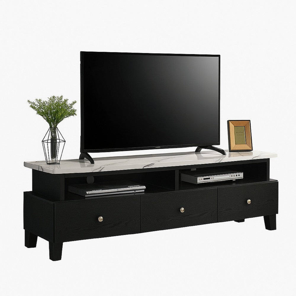 Benjara Fiaz 71 Inch TV Stand Media Cabinet, 3 Drawers w 2 Shelves, White Top