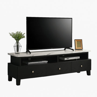 Benjara Fiaz 71 Inch TV Stand Media Cabinet, 3 Drawers w 2 Shelves, White Top