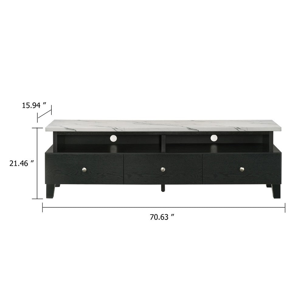 Benjara Fiaz 71 Inch TV Stand Media Cabinet, 3 Drawers w 2 Shelves, White Top