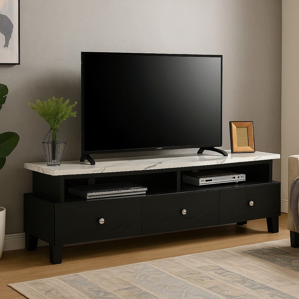 Benjara Fiaz 71 Inch TV Stand Media Cabinet, 3 Drawers w 2 Shelves, White Top