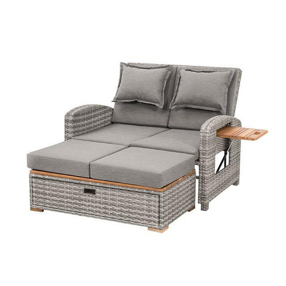 Benjara Timy Outdoor Reclining Chaise Lounge Set w Storage Bench, Pillows, Gray