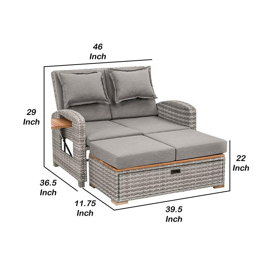 Benjara Timy Outdoor Reclining Chaise Lounge Set w Storage Bench, Pillows, Gray