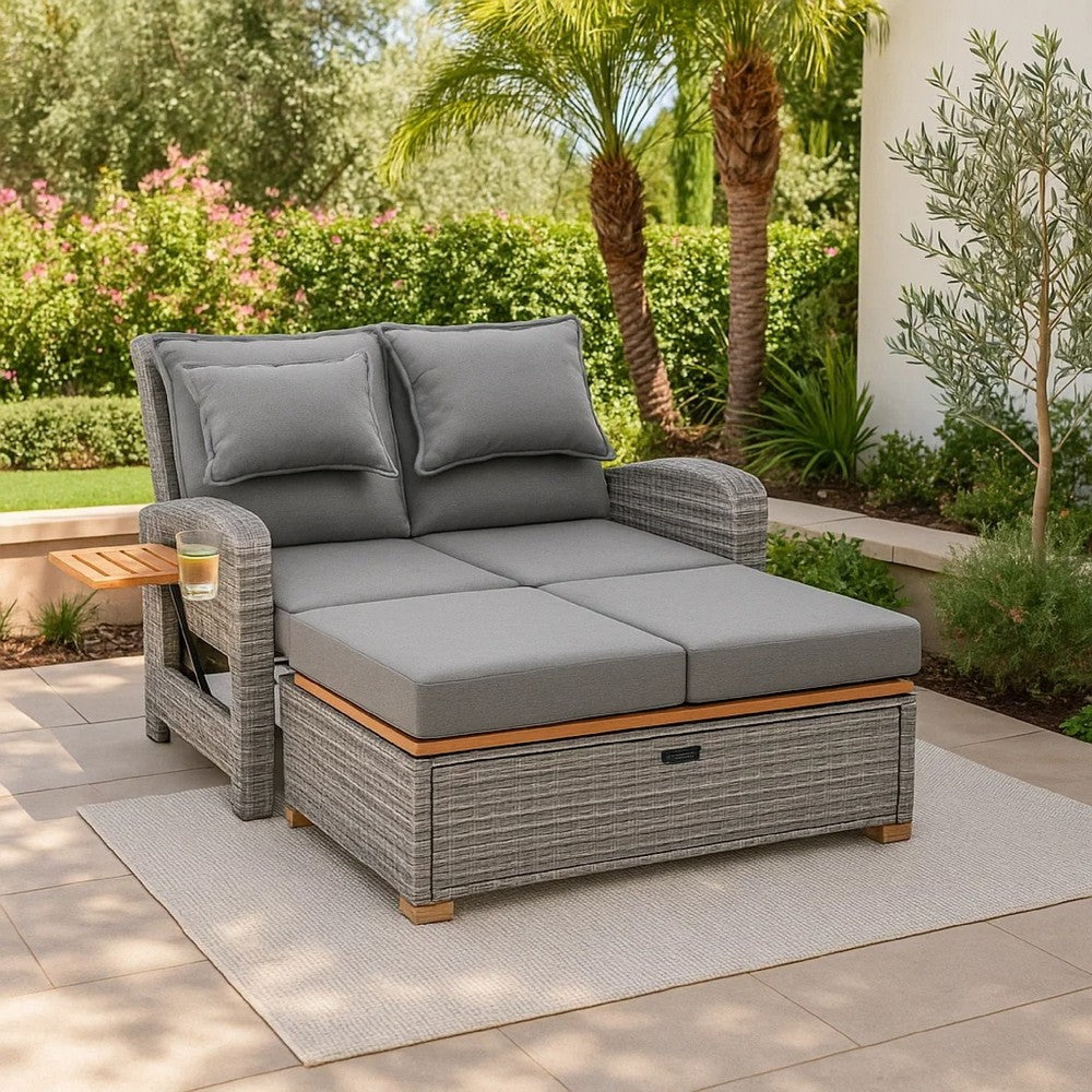 Benjara Timy Outdoor Reclining Chaise Lounge Set w Storage Bench, Pillows, Gray