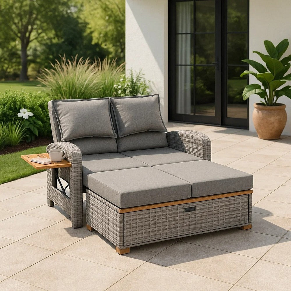 Benjara Timy Outdoor Reclining Chaise Lounge Set w Storage Bench, Pillows, Gray