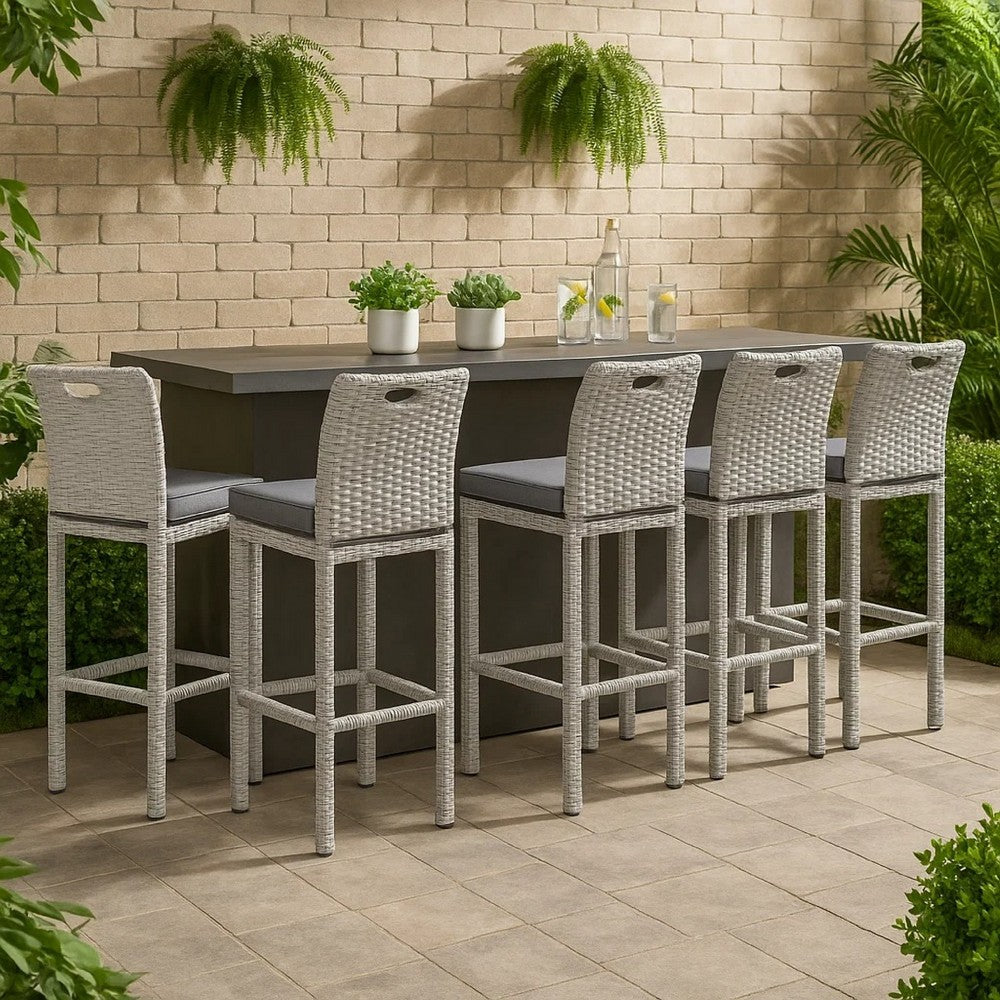 Benjara Mio Barstool Chair Set of 6, Thick Seat Cushion, Gray Wicker Frame