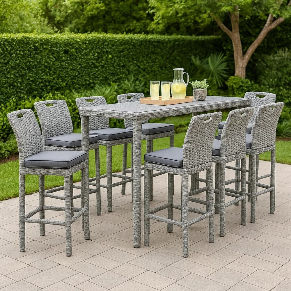 Benjara Mio Barstool Chair Set of 6, Thick Seat Cushion, Gray Wicker Frame