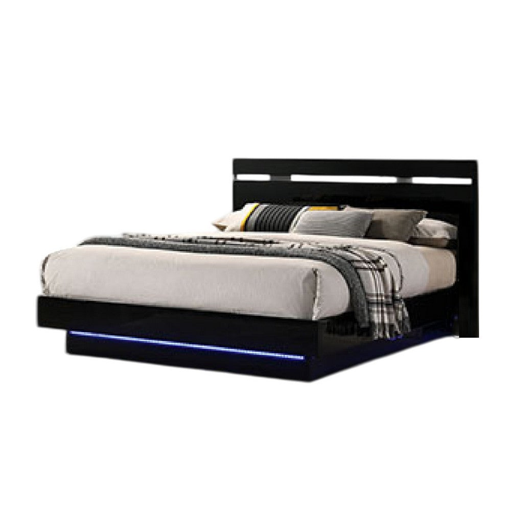 Benjara Pero King Size Bed w Silver Trimmed Headboard, LED Footboard, Black
