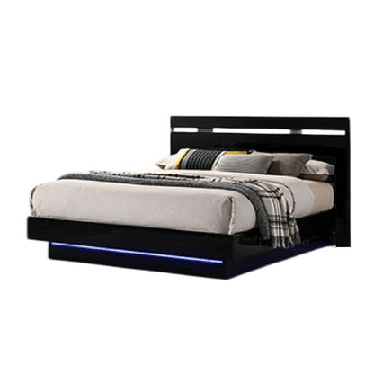 Benjara Pero King Size Bed w Silver Trimmed Headboard, LED Footboard, Black
