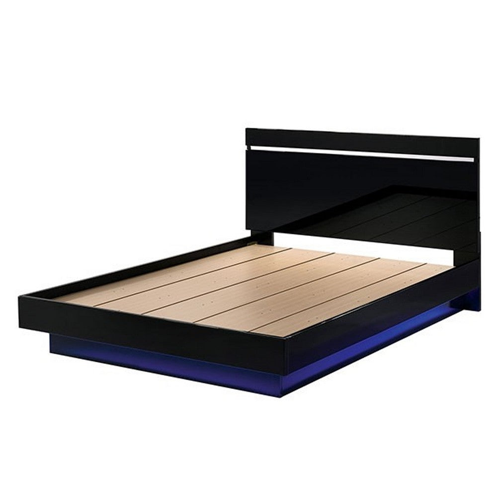 Benjara Pero King Size Bed w Silver Trimmed Headboard, LED Footboard, Black
