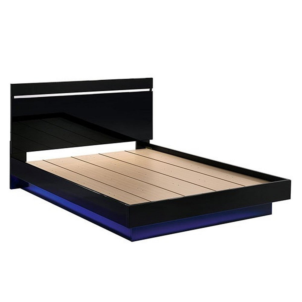 Benjara Pero King Size Bed w Silver Trimmed Headboard, LED Footboard, Black