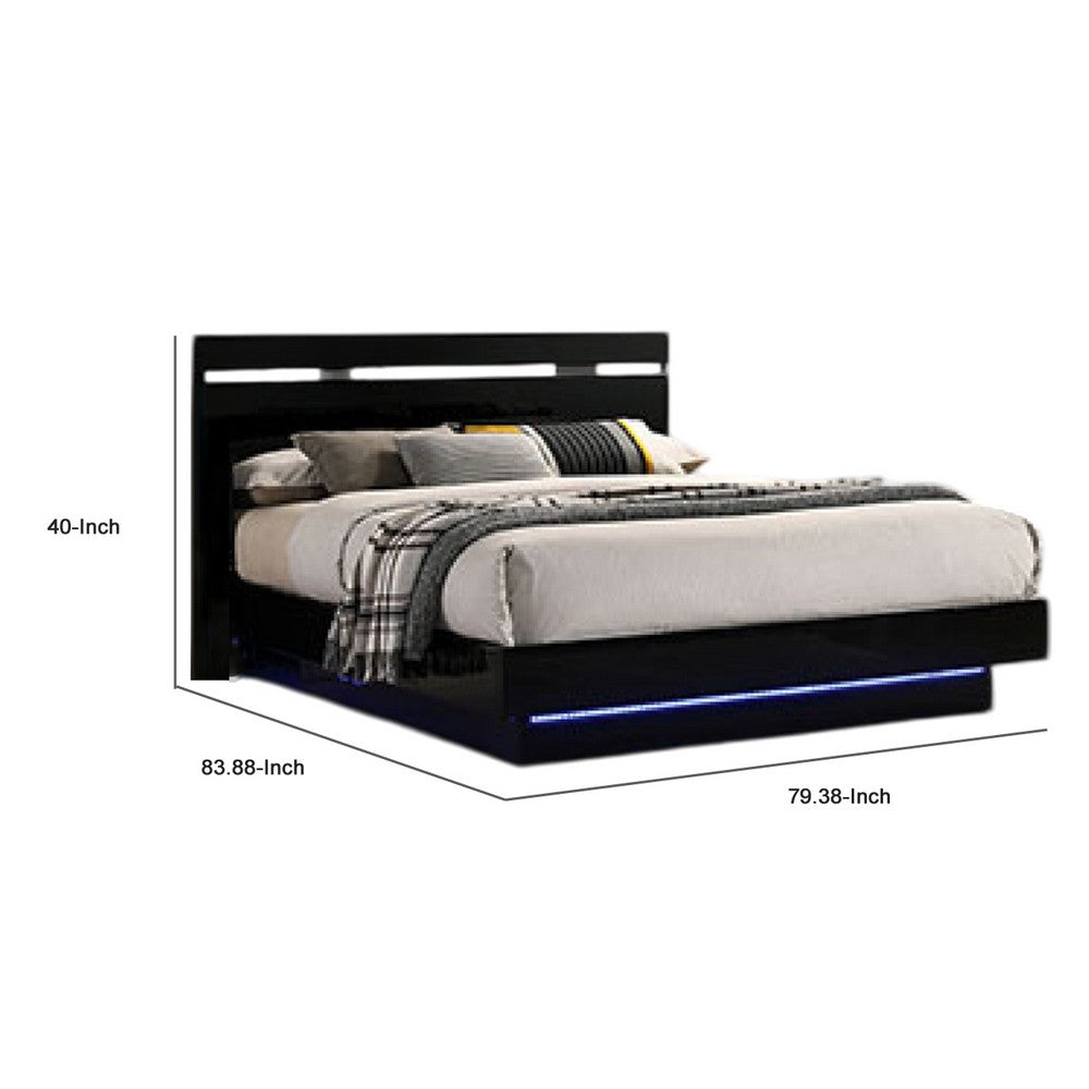 Benjara Pero King Size Bed w Silver Trimmed Headboard, LED Footboard, Black