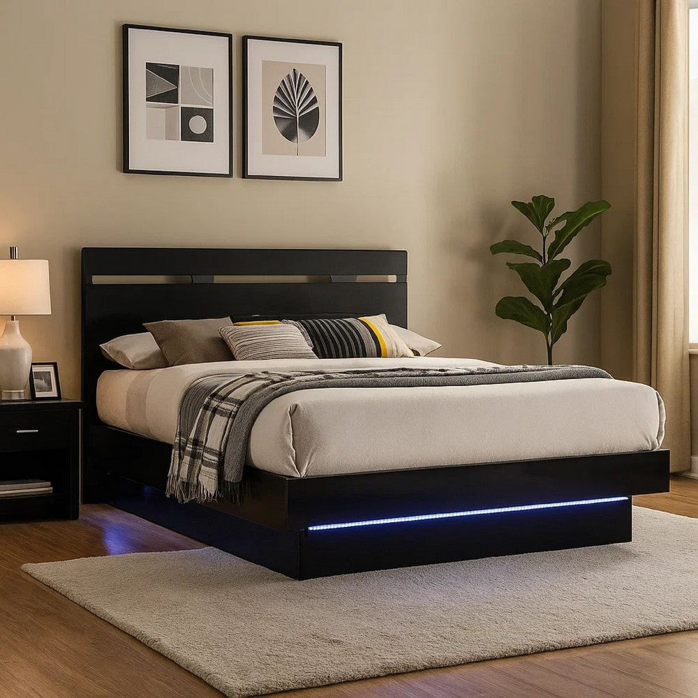 Benjara Pero King Size Bed w Silver Trimmed Headboard, LED Footboard, Black