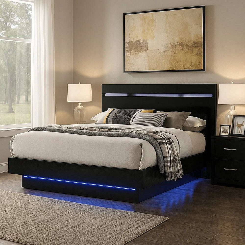 Benjara Pero King Size Bed w Silver Trimmed Headboard, LED Footboard, Black