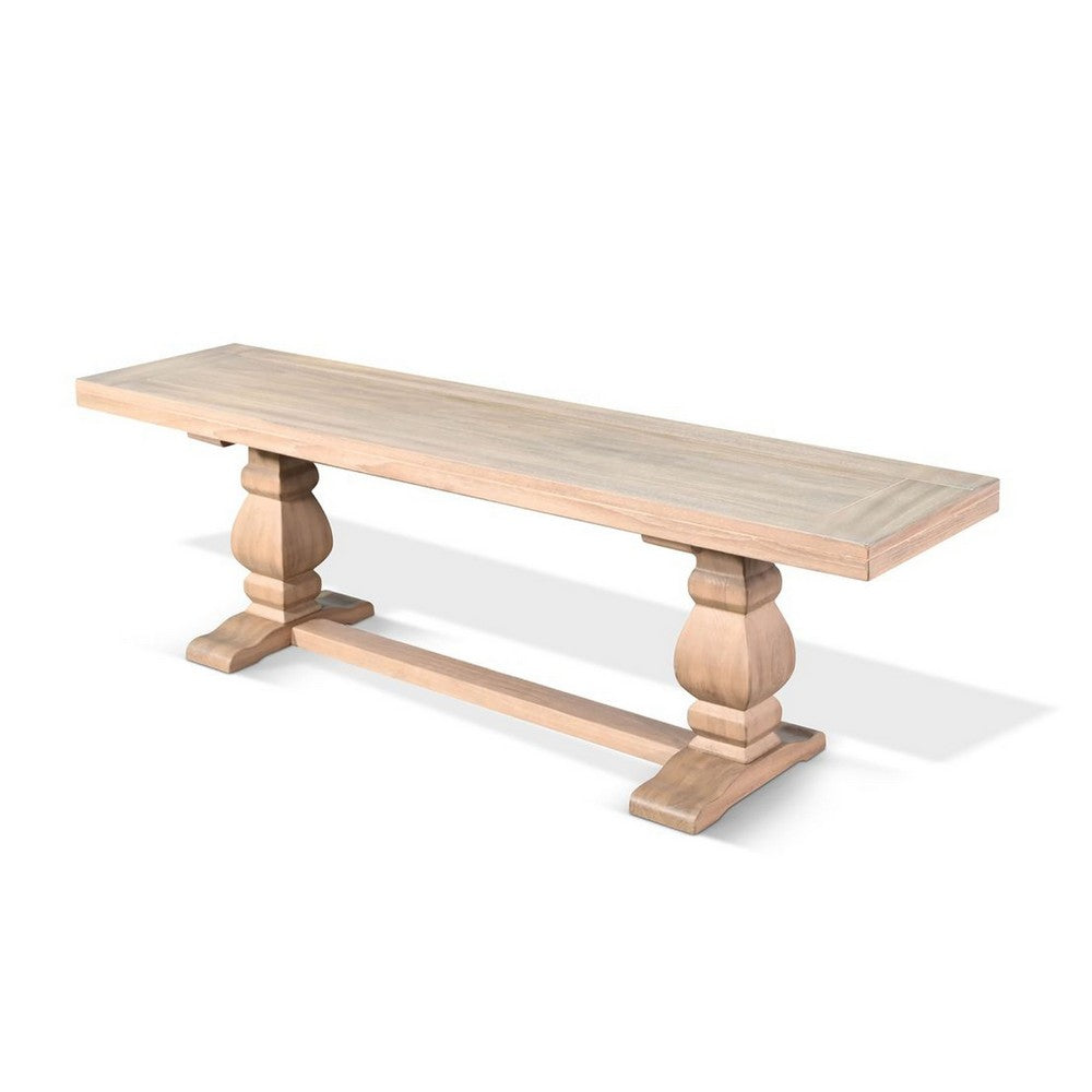 Benjara Anna Dining Bench, 60 Inch, Double Pedestal, Wheat Brown Solid Wood