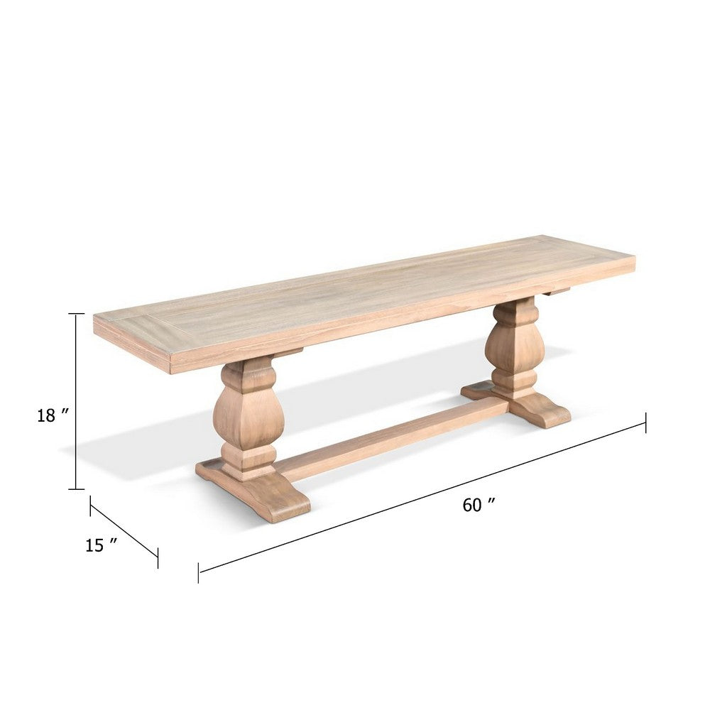 Benjara Anna Dining Bench, 60 Inch, Double Pedestal, Wheat Brown Solid Wood
